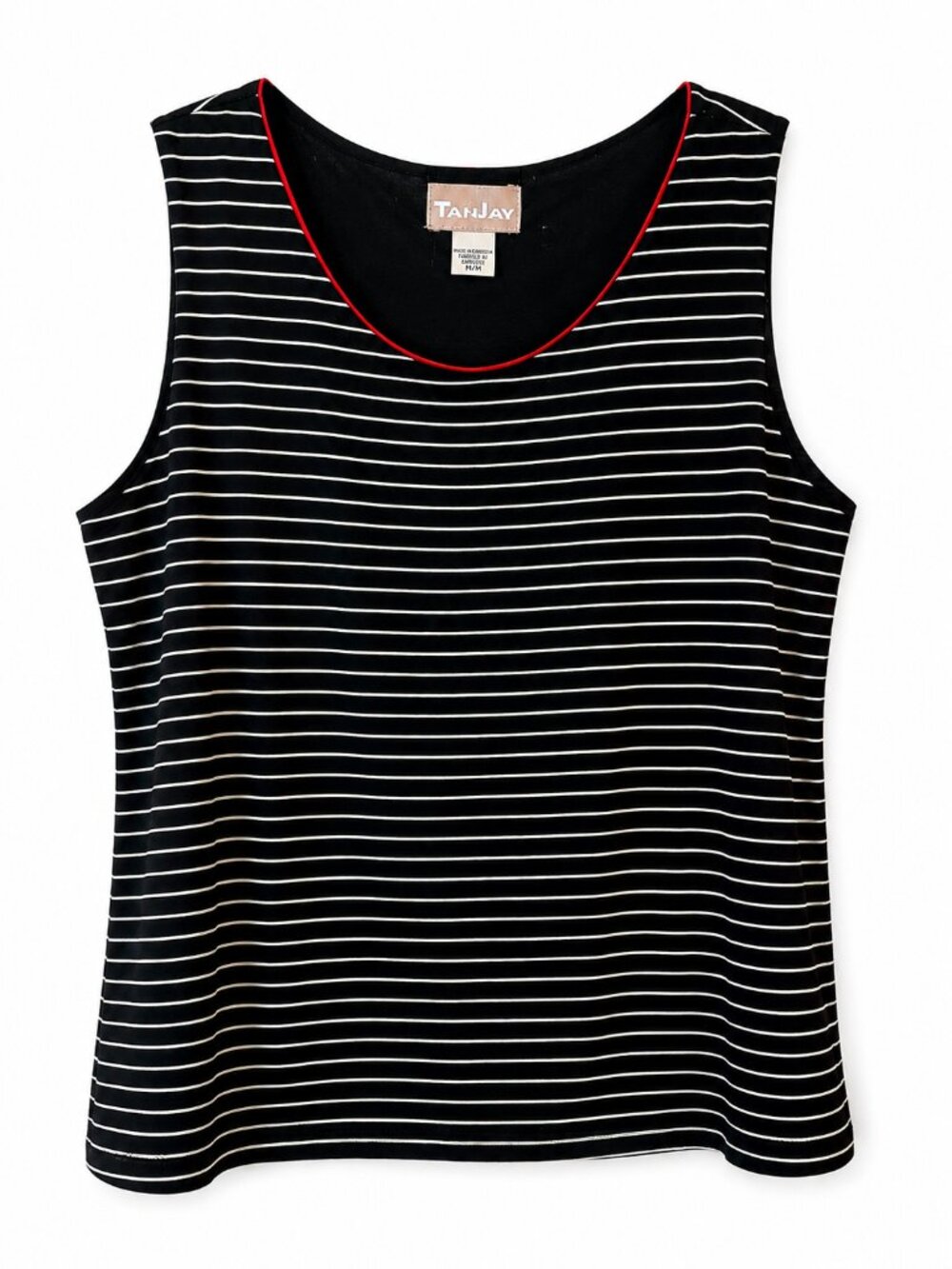 Tanjay Striped Sleeveless Top – Black/White w/ Red Trim | Size Medium